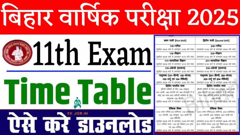 Bihar Class 11 Exam Time Table 2025